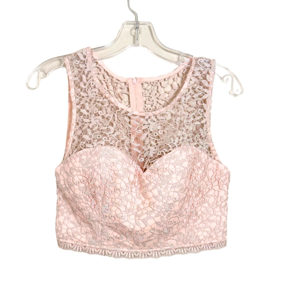 My Michelle Y2K Sequin Hearts Pink Lace‎ Sweetheart Crop Top Sz 11 Coquette Girl